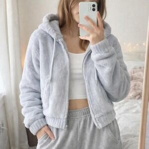 Planet Heart Plush Faux Fur Zip Hoodie Baby Blue Cropped Cozy Women Medium Y2K